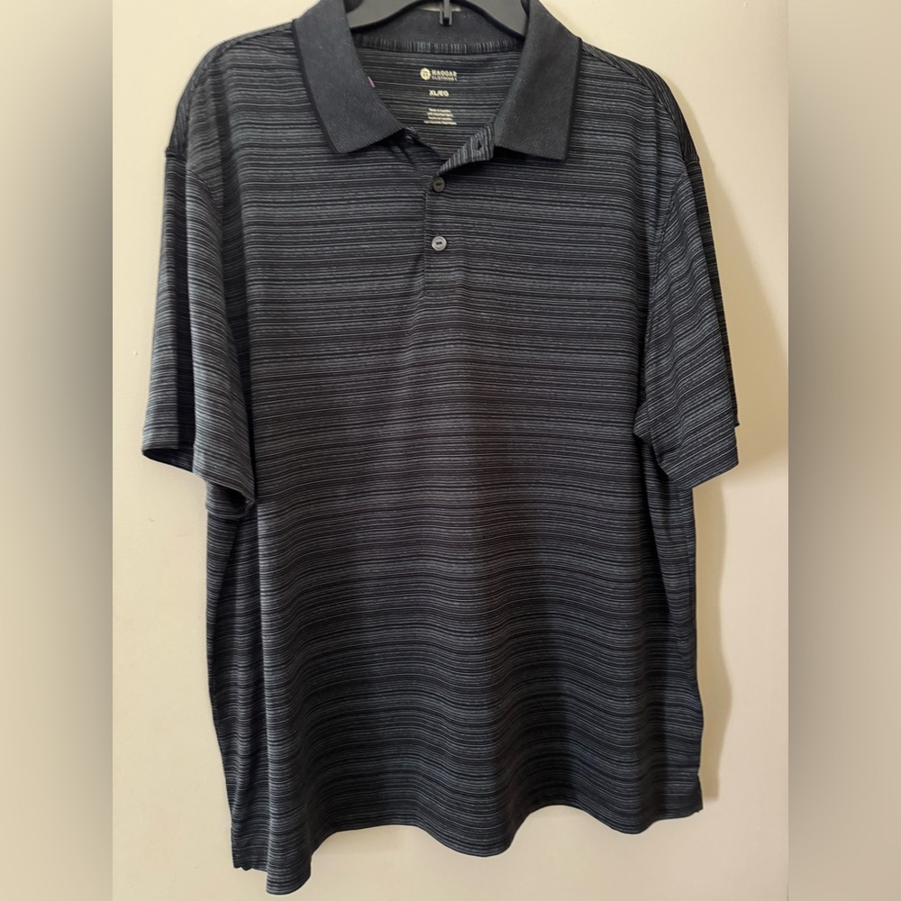 HAGGAR Men’s 100% Polyester Black /Gray Striped Short Sleeve Polo Shirt Size XL